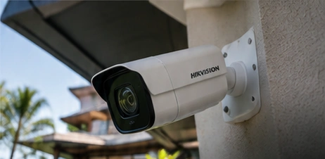 Kamera CCTV outdoor terpasang pada dinding bangunan tropis